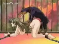 Aggressive dogs introduce helpless stepmom to beastiality in this hentai vid